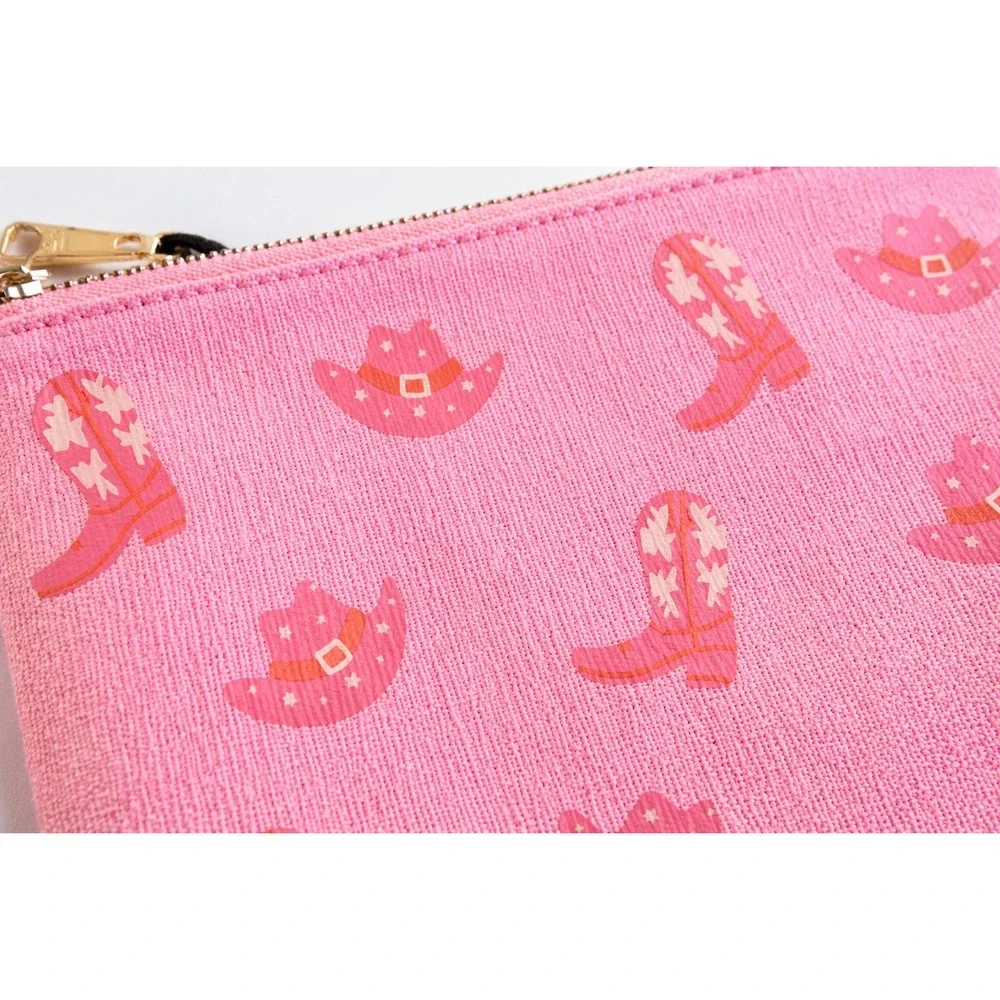 Pink Cowboy Boot Hat Canvas Zipper Pouch Makeup Travel Bag
